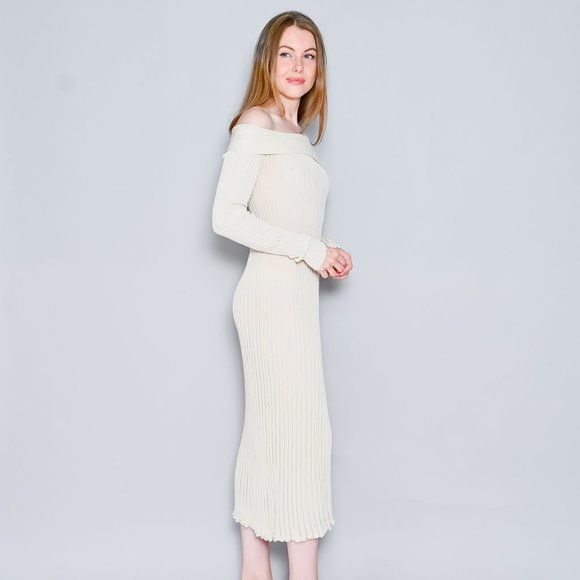 GIA STUDIOS Off-the-Shoulder Ribbed-Knit Midi Dress Cream Sz 38 - Picture 5 of 8